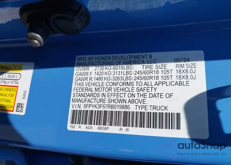 2024 Honda Ridgeline Trailsport из США, поврежденный, VIN 5FPYK3F67RB019886